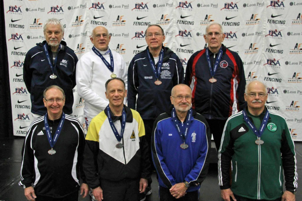Kaz Campe (top left) and Jim Adams, (third from left) take podium spots at the Vet 70 Men's Epee event.