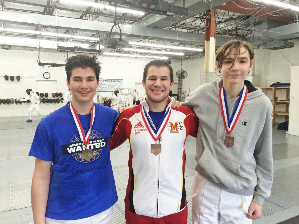 Daniel Sitbon-Taylor, Scott Dubinsky, and Sam Hendricks take top spots in the C and Under Men’s Epee event at the 2015 Capitol Division Qualifiers.